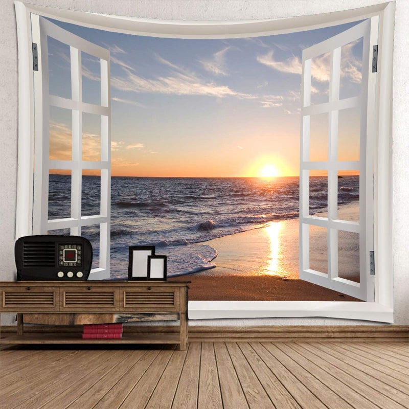 Homiest 3D Ocean Tapestry Wall Hanging Sun Sunset Sea Beach Landscape Tapestry Window Tapestries for Bedroom Living Room Home Decor 51x59 Inches - Image 2